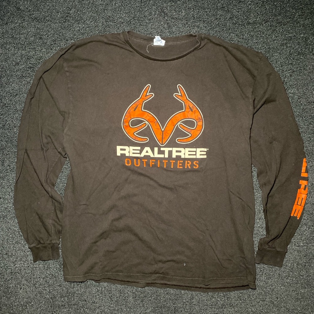 real tree outfitters big logo spell out brown long sleeve shirt size xl